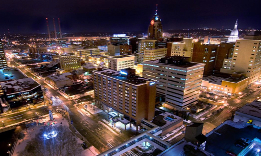 buildings in downtown city at night